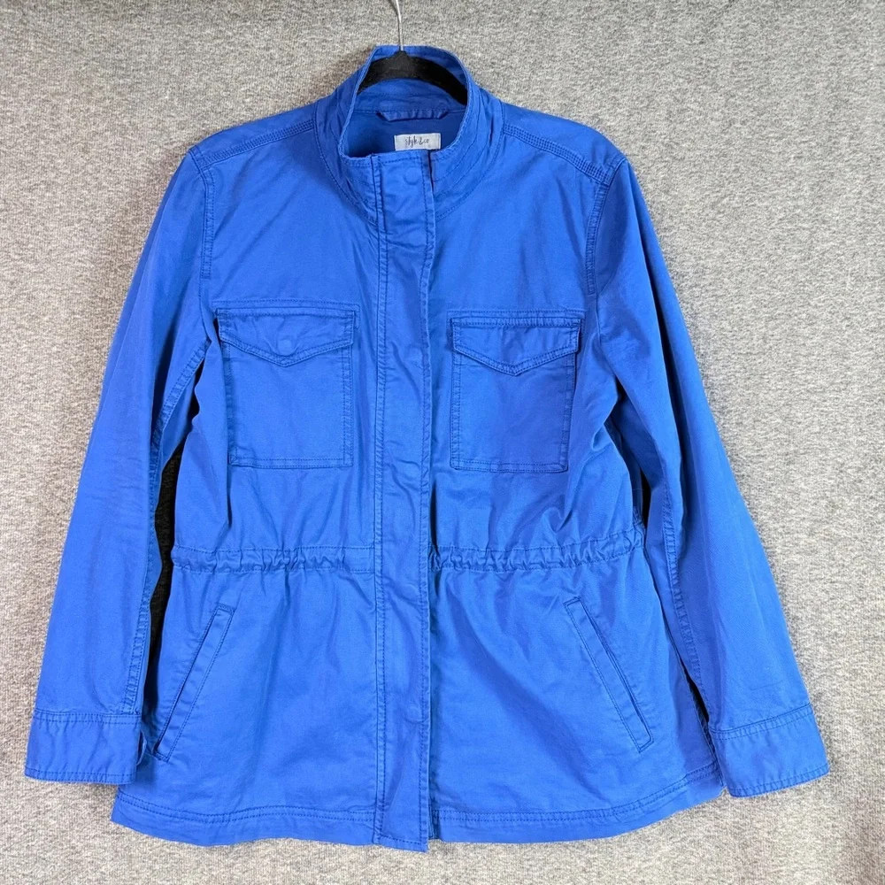 Style & Co Blue Utility Jacket Drawstring Waist Zip Snap Front Size L - Picture 2 of 9